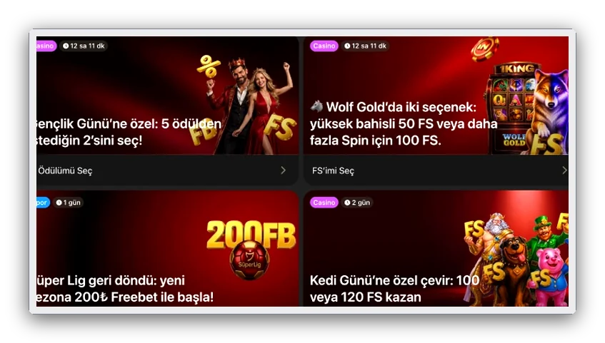 Ekran: koyu zeminde dört promosyon kartı, her biri free spin ya da cashback teklifi sunuyor
