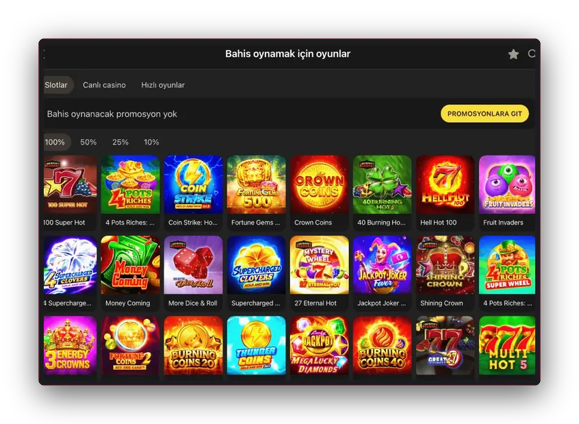 Ekran: bonus çevrimi için slot listesi ile %100, %50, %25 ve %10 filtre düğmeleri