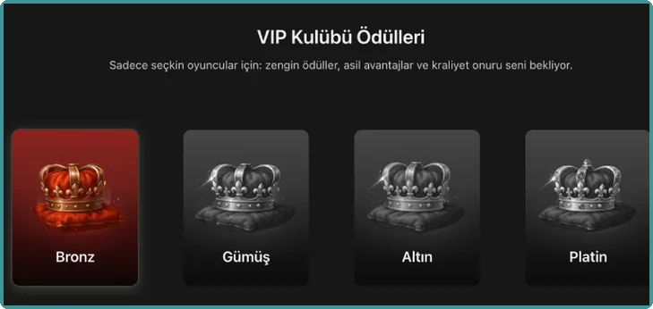 Ekran: Bronz, Gümüş, Altın ve Platin adlı dört taç kartı olarak gösterilen VIP Kulübü ödülleri