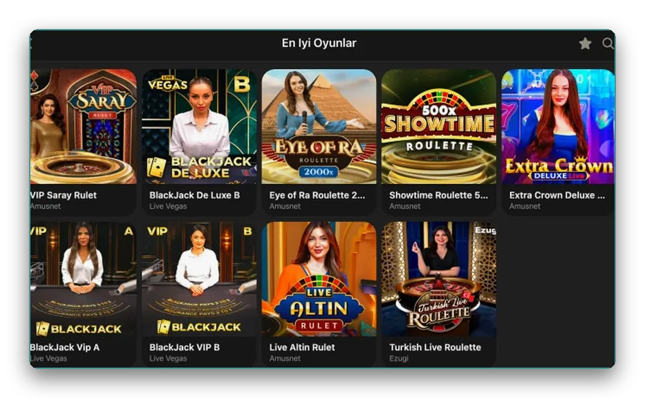 Ekran: VIP Saray Rulet, Showtime Roulette ve Eye of Ra dahil canlı oyun kutularından oluşan ızgara