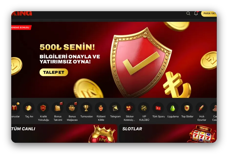 Ekran: kalkan grafiği, 500 TL tutarı ve talep butonu bulunan deneme bonusu bannerı