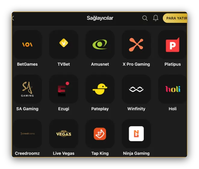 Ekran: BetGames, Amusnet, Ezugi ve Tap King kutularından oluşan sağlayıcı ızgarası