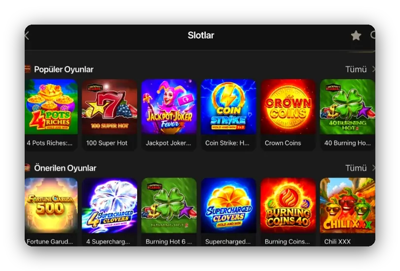 Ekran: birkaç Hold and Win oyununun da yer aldığı popüler ve önerilen slot satırları
