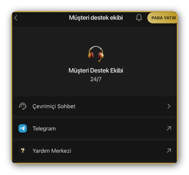 Ekran: çevrimiçi sohbet, Telegram ve Yardım Merkezi seçeneklerini sıralayan destek menüsü