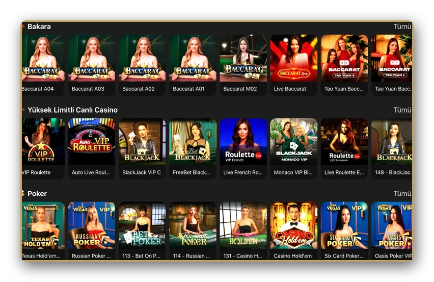 Ekran: casino lobisinde canlı bakara, yüksek limit ve poker satırları