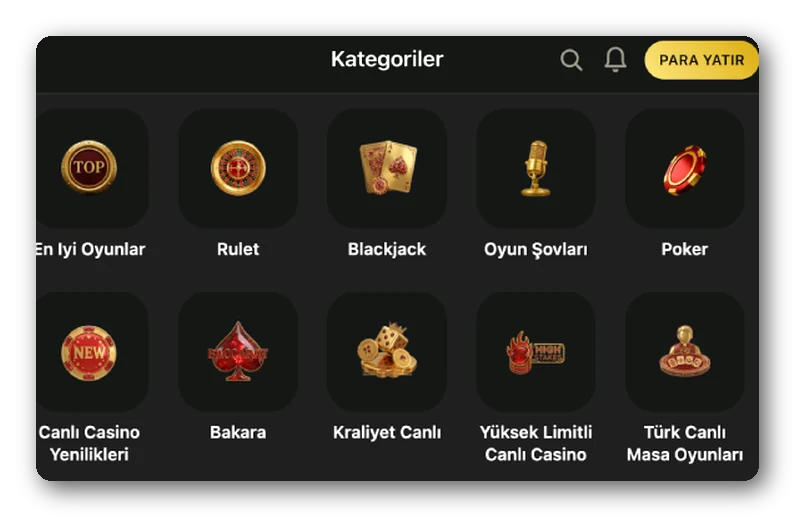 Ekran: rulet, blackjack, oyun şovu ve poker simgeleriyle casino kategorileri menüsü