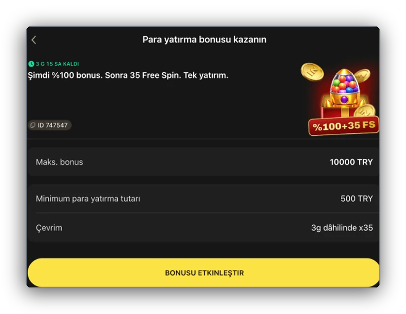 Ekran: en yüksek bonus, minimum yatırım ve çevrim şartı satırlarını gösteren yatırım bonusu kartı