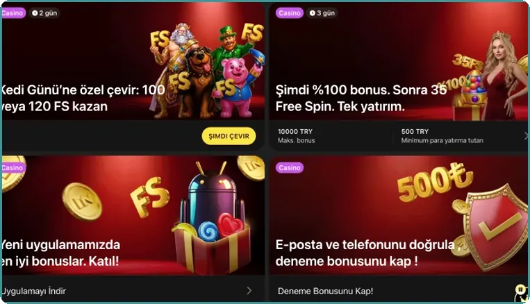 Ekran: tematik çevirme etkinliği, yatırım bonusu, uygulama teklifi ve deneme bonusu için dört kart