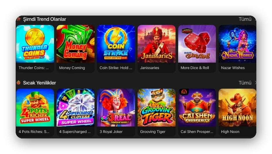 Ekran: slot lobisinde trend oyunlar ve sıcak yeni çıkanlar için iki satır