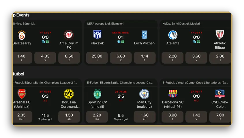 Ekran: futbol maçlarının sıralandığı Top Events listesi, her maçın yanında 1 X 2 oran butonları