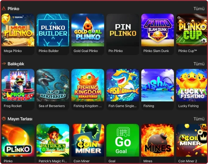 Ekran: Plinko, balıkçılık oyunları ve Maya temalı oyunlar için slot satırları