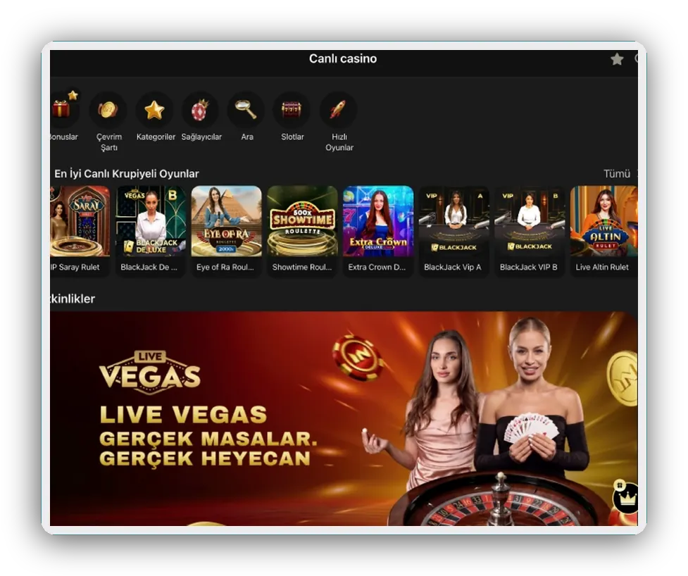 Ekran: en iyi canlı oyunların listelendiği, üzerinde promosyon bannerı olan canlı casino lobisi