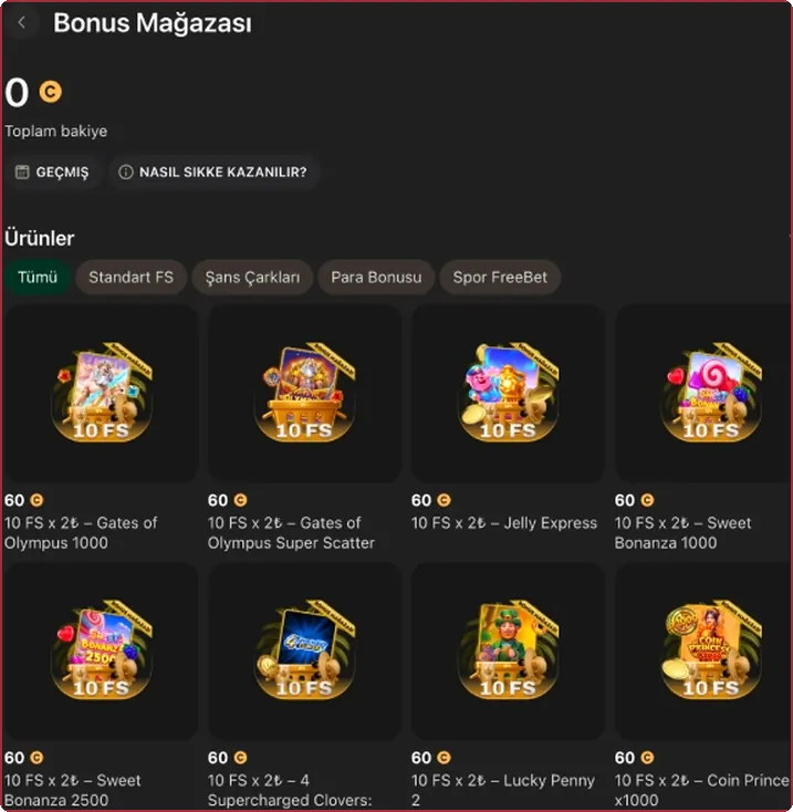 Ekran: jeton bakiyesi ve slot kutuları üzerinde free spin tekliflerinin yer aldığı Bonus Mağazası