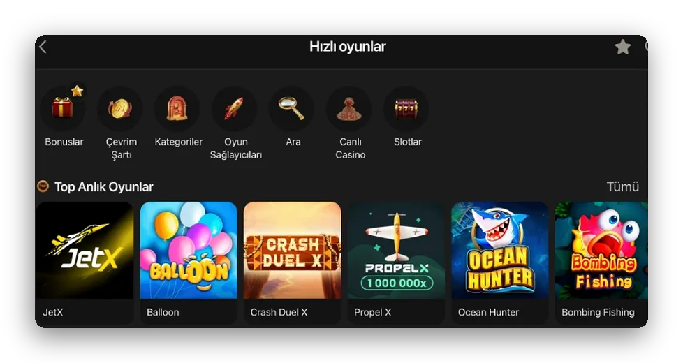 Ekran: JetX, Balloon, Crash Duel X ve Propeller kutularının olduğu hızlı oyunlar satırı