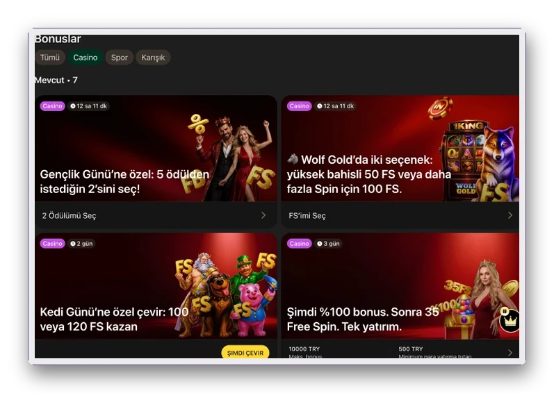Ekran: tümü, casino ve spor sekmeleriyle filtrelenen bonus listesi ve dört casino teklif kartı